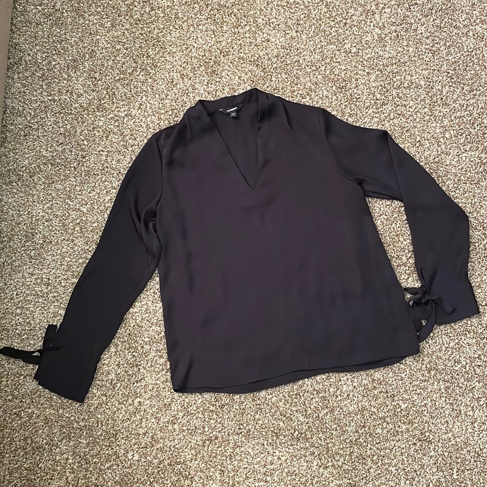 Express, Navy, Satin-Type Material, Long Sleeve Blouse
